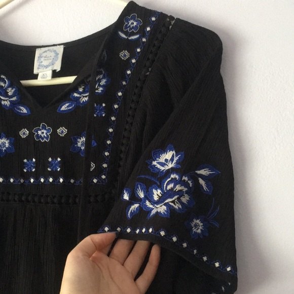 Blue Rain Boho Embroidery Embroidered Tassel Tie Neck Peasant Dress - Picture 9 of 11